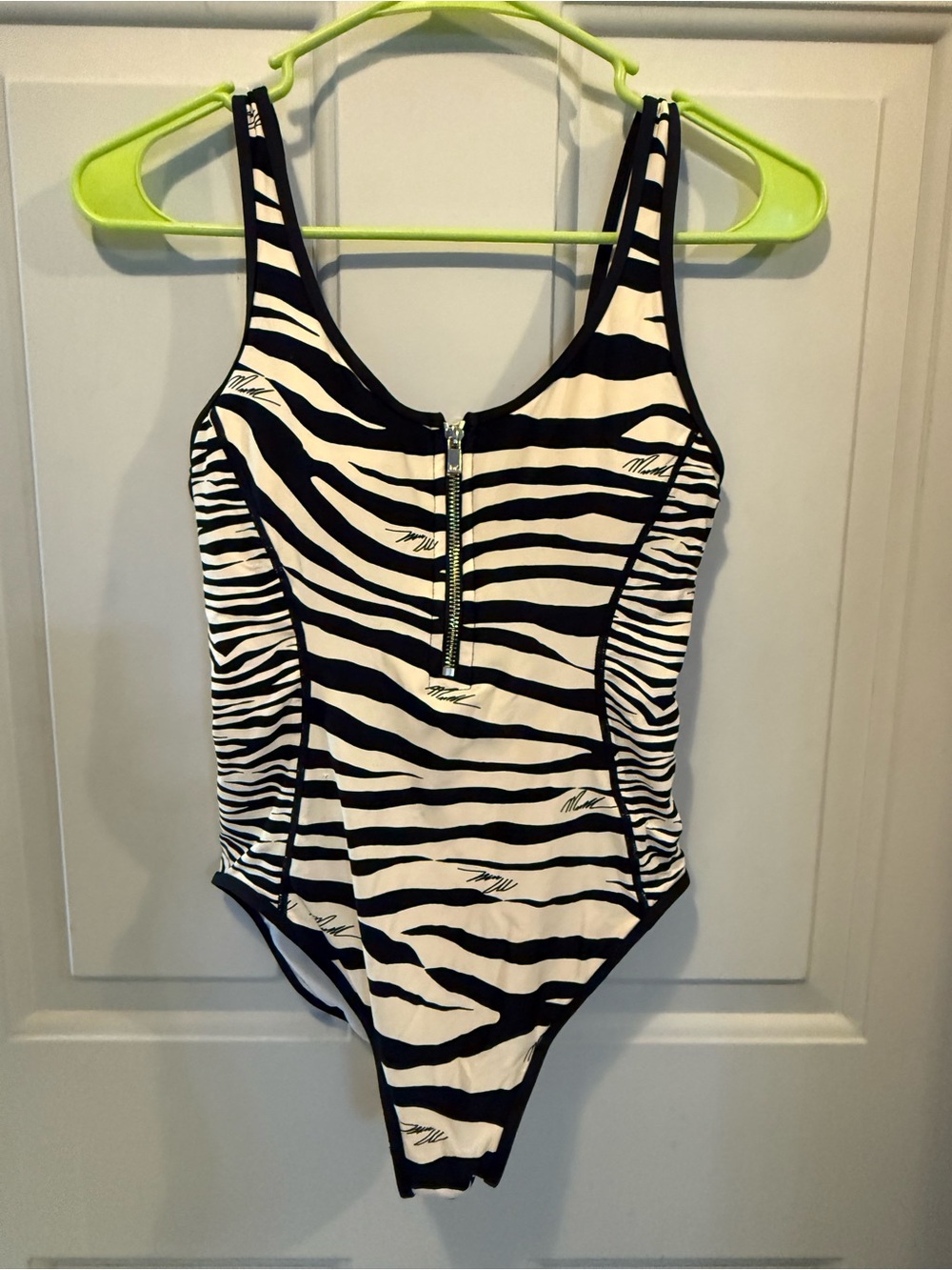 Michael Kors Black and Cream Zebra-Stripe One-Piece Swimsuit with Front Zip